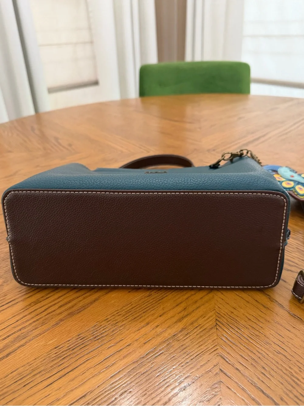 Chala Teal and Brown Leather Top-Handle Bag and Peacock Charm Purse